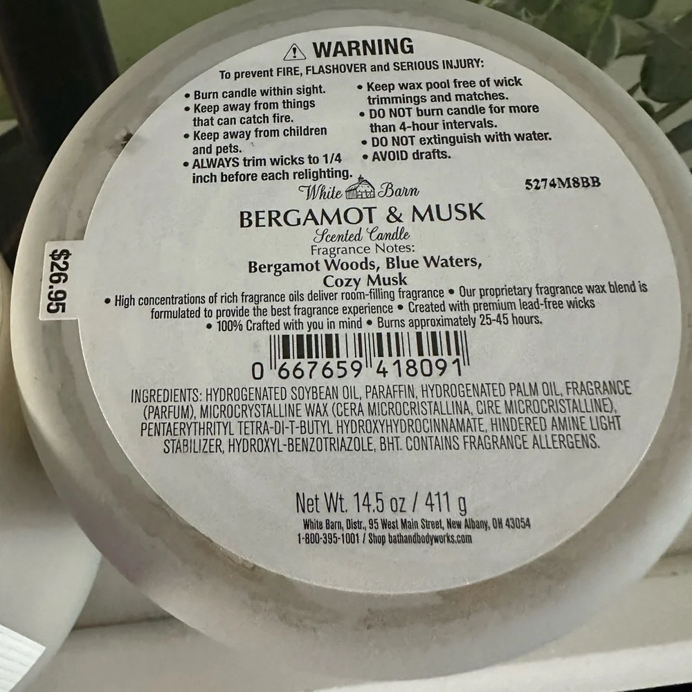 White Barn Bergamot & Musk Candles  in Gray Jar